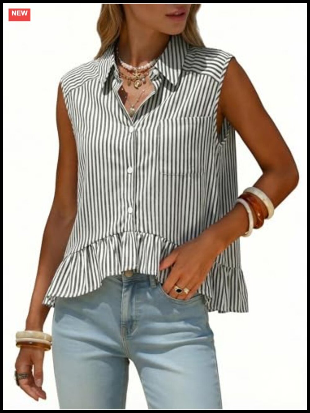 Sleeveless Stripe Peplum Crop Top Linen Button Down Shirt